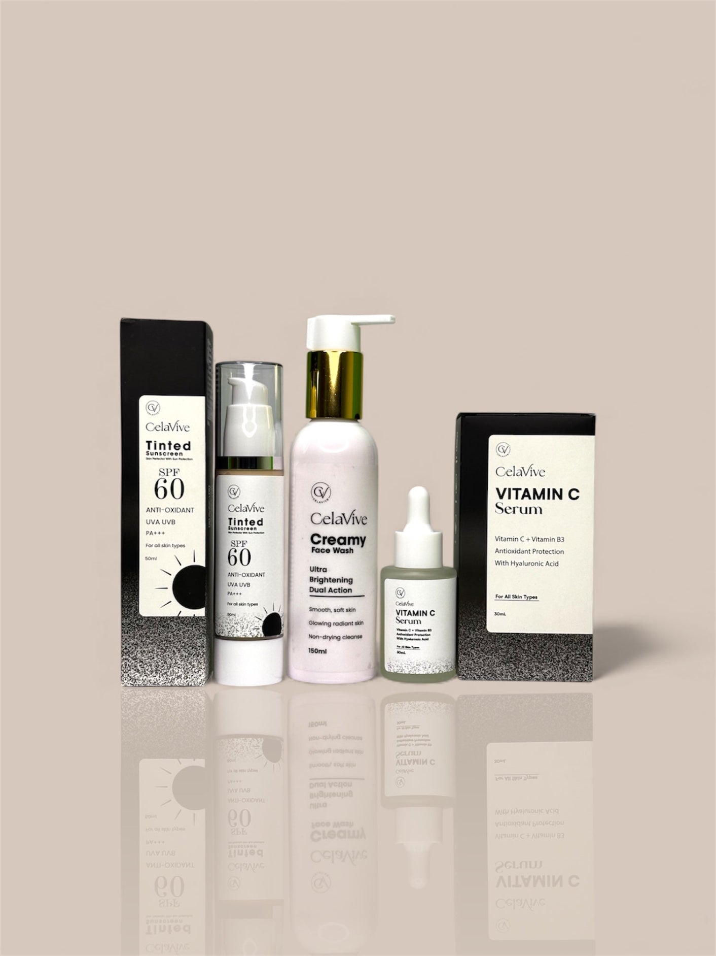 Celavive Skincare Bundle featuring Facewash, Vitamin C Serum, and Tinted Sunscreen for cleansing, brightening, and daily sun protection.