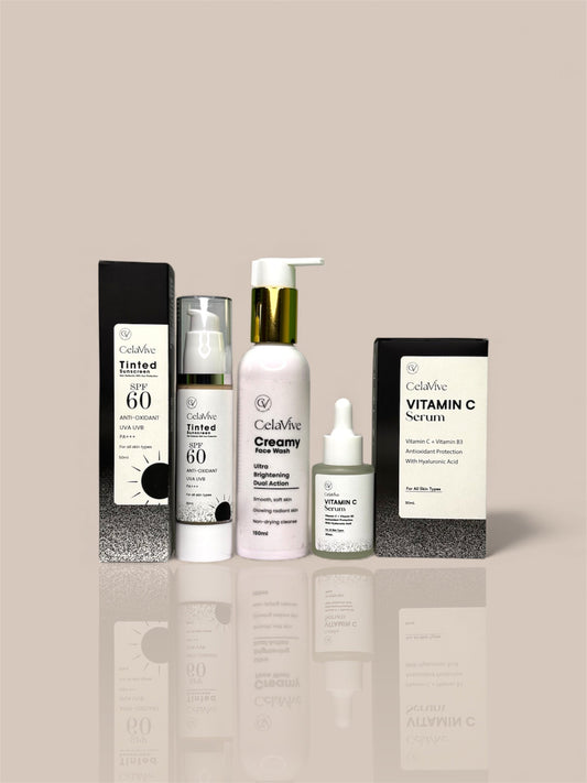 Celavive Skincare Bundle featuring Facewash, Vitamin C Serum, and Tinted Sunscreen for cleansing, brightening, and daily sun protection.